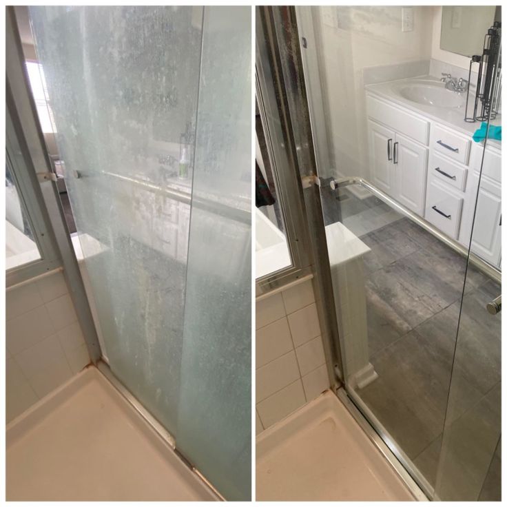 Glass shower door before and after cleaning