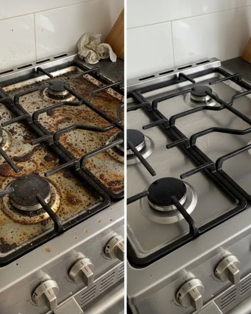 Gas stovetop before and after deep cleaning