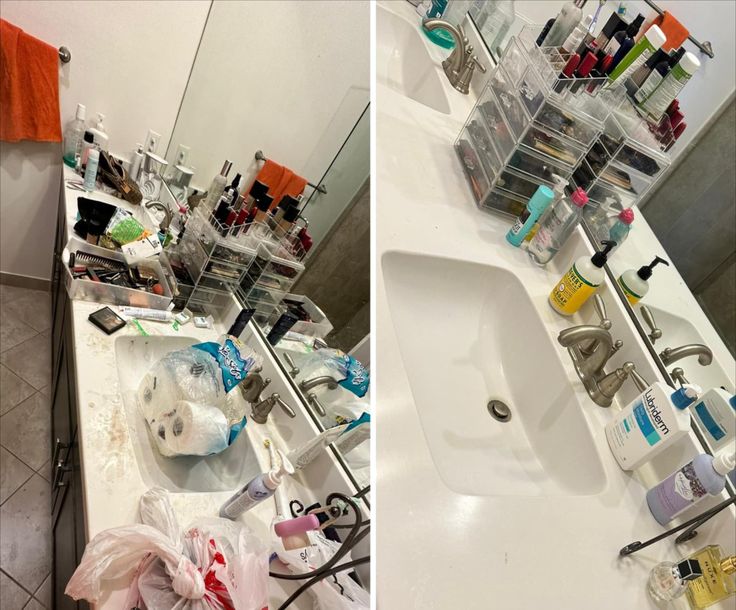 Bathroom sink before and after cleaning