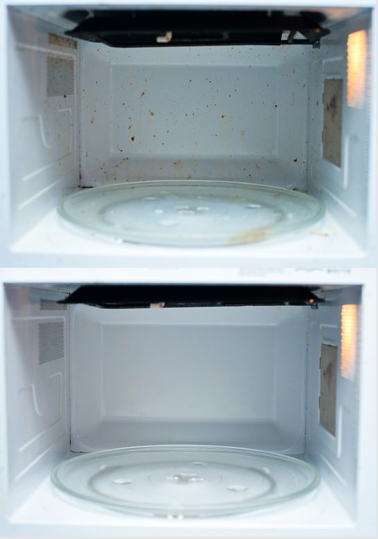 Microwave interior before and after cleaning